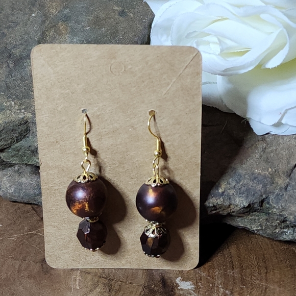 Hand Crafted Jewelry - Gold Toned Earrings With Brown And Bronze Swirled Beads Dangle Pierced Earrings